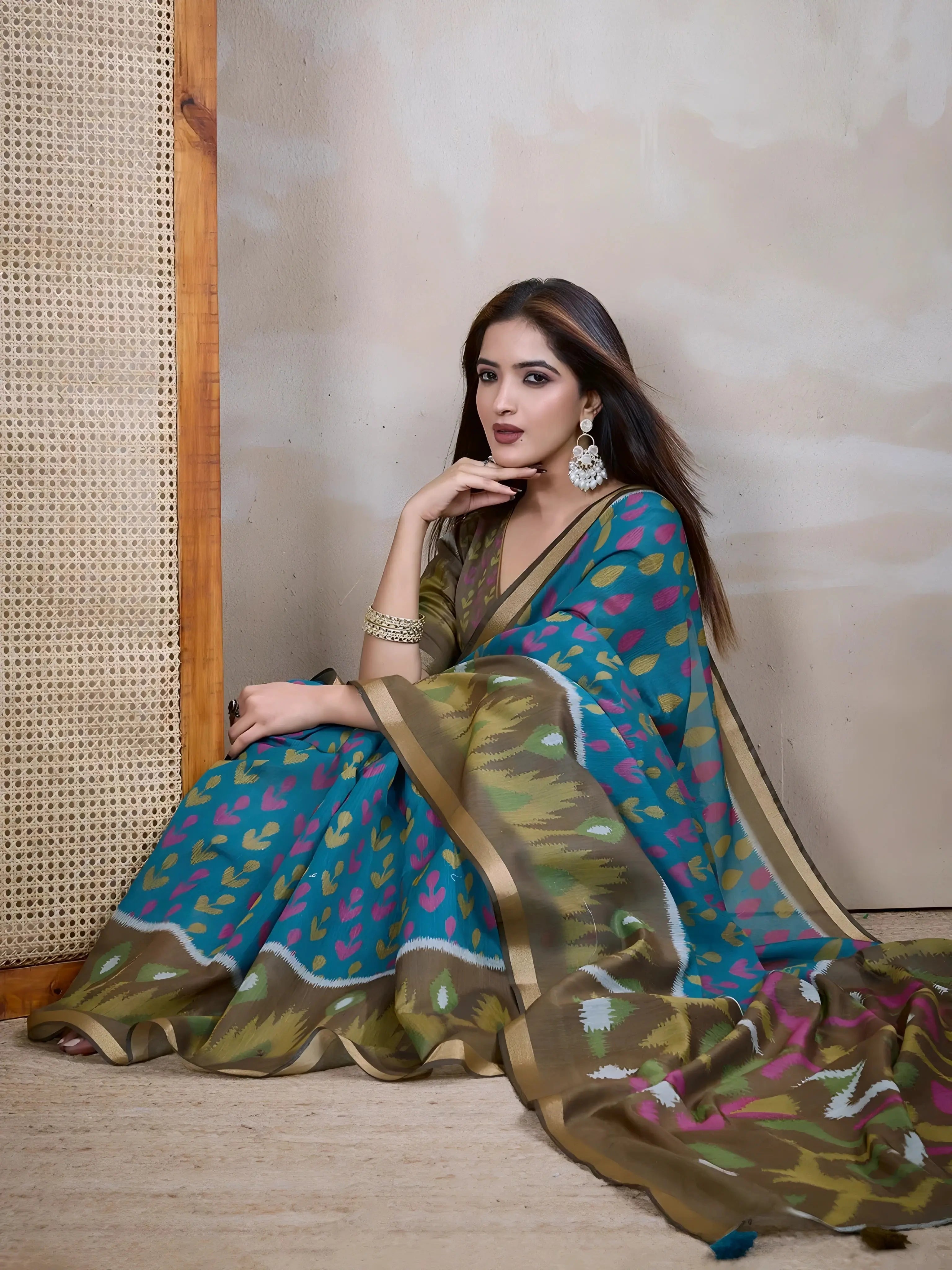Blue Ikkat Print with Zari Woven Cotton Saree